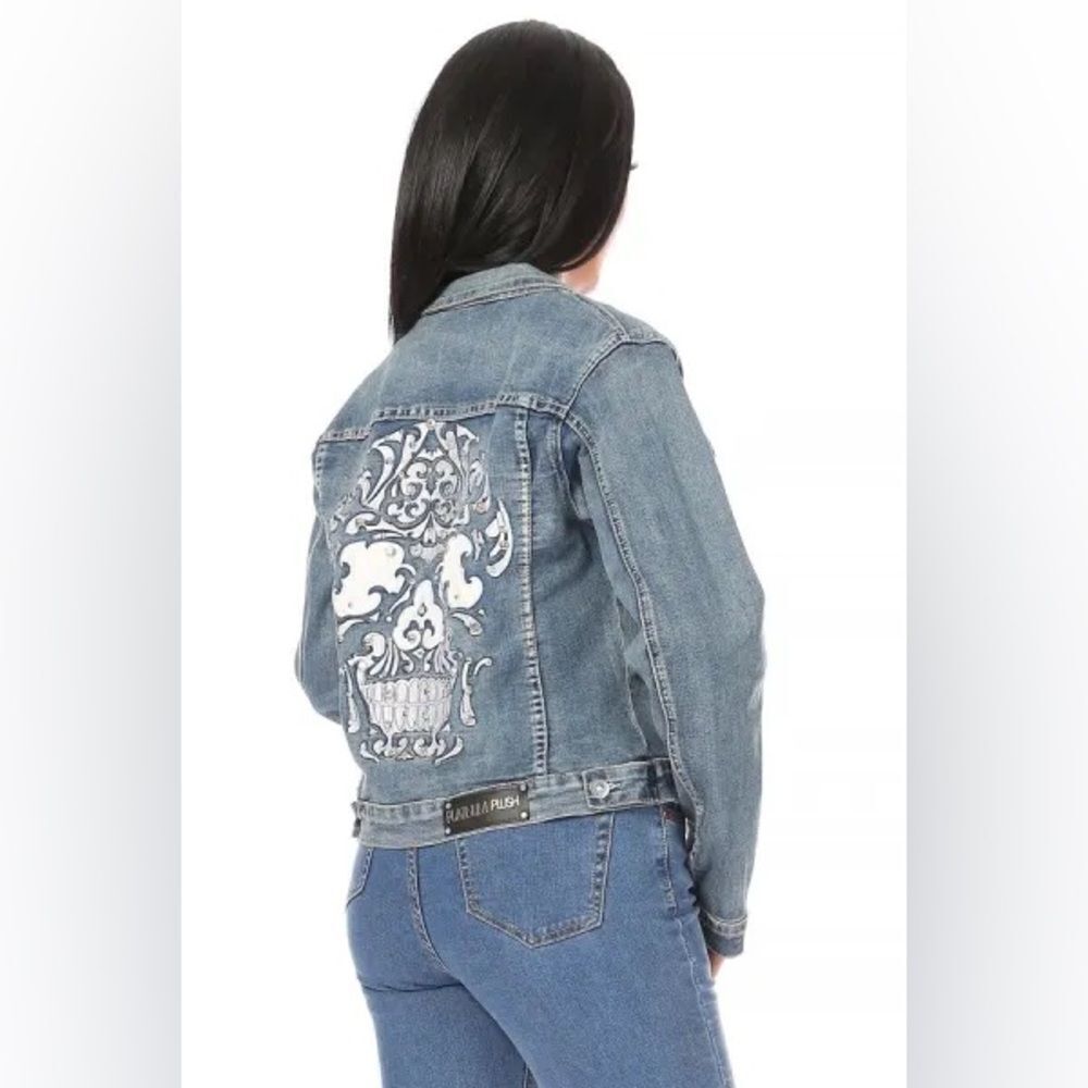 Platinum Plush Rhinestone Denim Jacket with Candy Skull Design - Picture 5 of 8